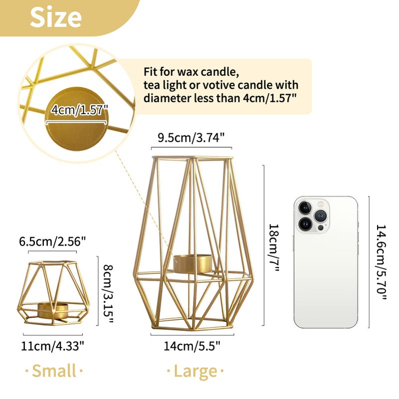 NUPTIO 2 Pcs Metal Hexagon Shaped Geometric Design Tea Light Votive Candle Holders, Iron Hollow Tealight Candle Holders for Vintage Wedding Home Decoration, Gold (S + L) - Image 5